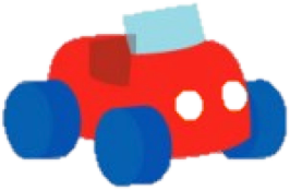 Desenho de um carrinho conversível vermelho com rodas azuis