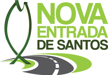 Na esquerda uma ilustração de uma escultura em formato de peixe na cor verde escura e na direita os dizeres Nova Entrada de Santos em tons de verde.
